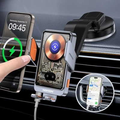Afbeelding van NOHON Telefoonhouder voor auto, inductie: 15 W, inductielader met clip, ventilatie, Qi, draadloze oplader, 360 graden draaibaar, compatibel iPhone/Samsung/Xiaomi/Oppo/Huawei