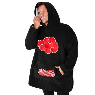 Afbeelding van Naruto Geruite trui voor heren, oversized, fleece, poncho, gevoerd, anime, één maat, volwassenen, tieners, Zwart/Rood