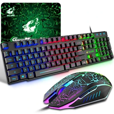 Afbeelding van Gaming Toetsenbord en Muis Set, 104 Toetsen Rainbow Backlit QWERTZ + 2400 DPI 6 Knoppen Ademhalings GRATIS Muismat Combo, USB Bedraad Compatibel met PS4, XBox (Adapter Nodig) Zwart