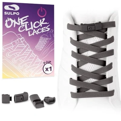 Afbeelding van SULPO Platte Veters zonder knopen One Click Kleurrijke met snelsluiting Elastische van rubber voor kinderen en volwassenen, Donkergrijs