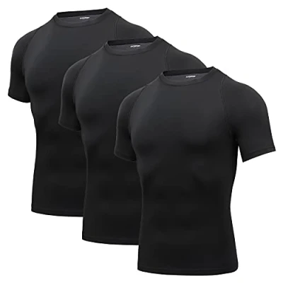 Afbeelding van AMZSPORT Compressieshirt met korte mouwen voor heren, sport, sneldrogend, Baselayer top, nieuwe generatie, 112025 zwart (3 pakketten)
