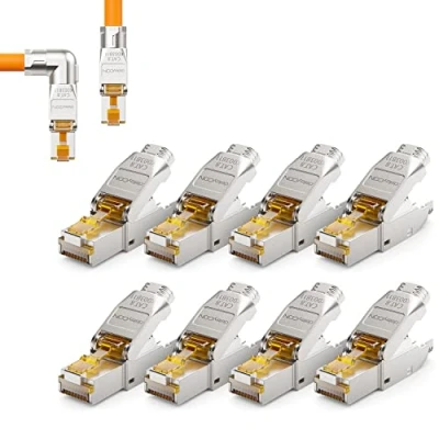 Afbeelding van deleyCON 8 x CAT netwerkstopcontact, RJ45, 90 graden gebogen, zonder gereedschap, netwerkstekker 40 Gbit/s, afgeschermd, voor starre installatiekabels, ruwe kabel, Ethernet, LAN