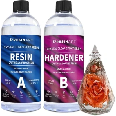 Afbeelding van Transparante epoxyhars giet en coatingset voor kunst, sieraden, knutselen, handwerk in een verhouding van 1:1 met siliconen maatbekers, mengstokken, handschoenen schort (1,020,6 g)