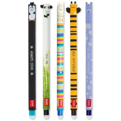 Afbeelding van LEGAMI 5 uitwisbare gelpennen met warmtegevoelige inkt, inktkleuren en vatontwerpen, 0,7 mm punt, pinguïn, panda, lama, bij nijlpaard