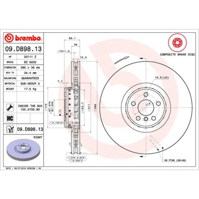 Afbeelding van BREMBO 09.D898.13 Remschijf 395 36 5 tweedelige remschijf, interne ventilatie Gecoat High carbon Met schroeven BMW: X5, 7, X4