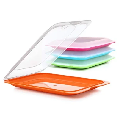 Afbeelding van Tatay 4 stuks ingebouwde transportdozen vers voedsel, BPA vrij, herbruikbaar, stapelbaar, vaatwasser en magnetronbestendig, gemengde kleuren. Afmetingen: 17 x 3,2 25,2 cm