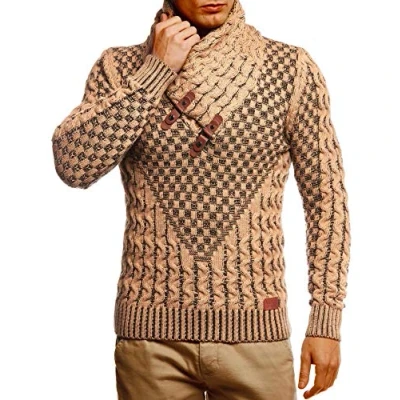 Afbeelding van Leif Nelson Gebreide herentrui met sjaalkraag, hoogwaardige wintertrui, regular fit, ideaal voor casual en zakelijke looks, verkrijgbaar in vele maten, Ecru bruin