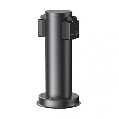 Afbeelding van ledscom.de PORU tuincontactdoos zuil voor buiten, IP44, 2x, roestvrij staal, zwart, rond, 27 cm, buitenstopcontact, tuinstopcontact, stopcontacten, stroomkolom