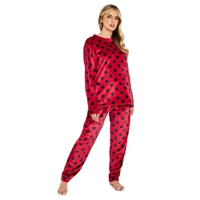 Afbeelding van CityComfort Pyjama voor dames, pyjamaset warm, van fleece, nachtkleding dames en jongeren, cadeau idee haar, Rood
