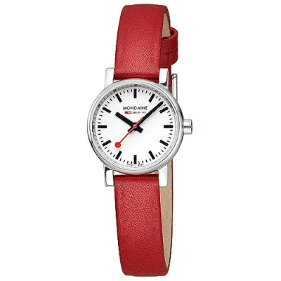 Afbeelding van Mondaine MSE.26110.LC Evo II Unisex Horloge Stationsklok Saffierglas Roestvrijstaal/Leer Rood/Wit/Zilver Ø 26 mm Quartz 3 ATM (spatwater)