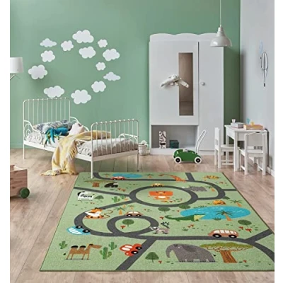 Afbeelding van The Carpet Happy Life Speelkleed, tapijt voor kinderkamer, wasbaar, verkeersmat met straten, jungle, dieren, auto‘s, groen, 120 x 160 cm
