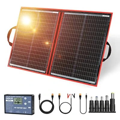 Afbeelding van DOKIO Draagbaar opvouwbaar zonnepaneel 110W 18V (48 x 66 cm, 2,4 kg) monokristallijn (hoog rendement) met controller 2 USB uitgangen voor het opladen van 12 V batterijen