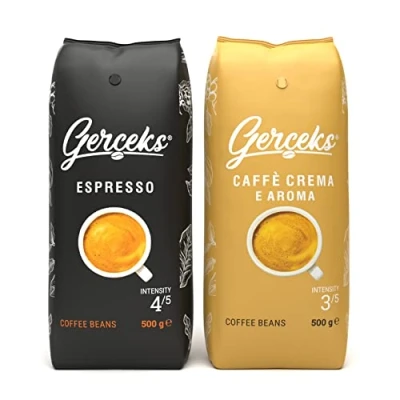 Afbeelding van GERCEKS 2 koffiebonenproeverijen 1 kg, espresso, koffie en crème koffie, krachtige espressobonen chocolade, koffiebonen met weinig zuurgraad, Arabica Robusta, medium roostering, x 500 g