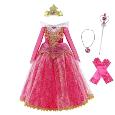 Afbeelding van Lito Angels Aurora prinsessenjurk voor meisjes, prachtig slapend kostuum met accessoires, maat 10 11 jaar, warm roze, lange mouwen (stoffen label 150)