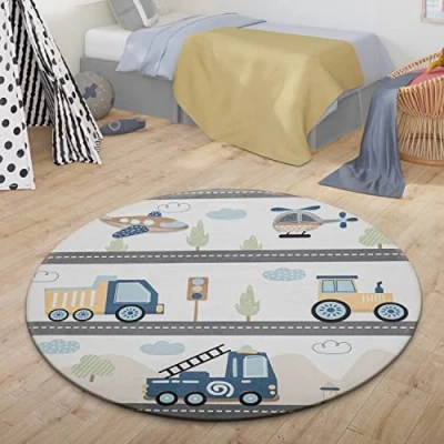 Afbeelding van TT Home Tapijt voor kinderen, jongens, meisjes, auto&#039;s, straat, bergachtig motief, wolk, kleur: grijs, wit, geel, afmetingen: 80 cm rond