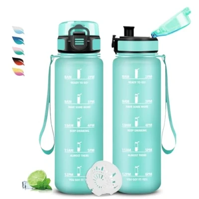 Afbeelding van Bouteille d&#039;eau de 1 litre, avec marquage temps, anti fuite, facile à transporter, gourde pour enfants l&#039;école, le sport, camping