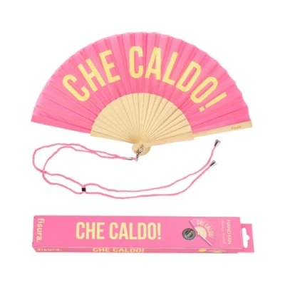 Afbeelding van Fisura Originele waaier met de boodschap &quot;Che Caldo!&quot;. Moderne van hout en leuk. Roze gele waaier, waaierkoord, afmetingen: 42,5 x 23 cm.