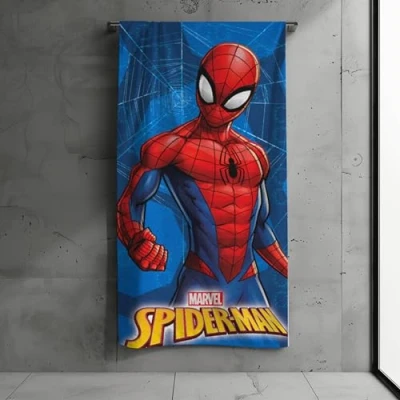 Afbeelding van MTOnlinehandel Kinderbadhanddoek, 70 x 140 cm, 100% katoen, zacht en absorberend, strandhanddoek met Minnie, Spiderman, Ariel, voor jongens meisjes (Spiderman)