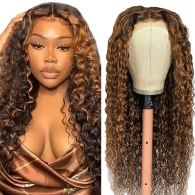 Afbeelding van Tuheerst Brown Pruik van echt haar, golvend, voor dames, 4 x cm, P430 met Zwitserse kant, natuurlijk voorgekruld, babyhaar, 61 cm