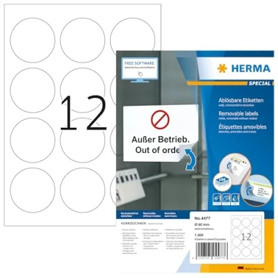 Afbeelding van Etiket HERMA 4477 rond 60mm verwijderbaar wit 1200 etiketten