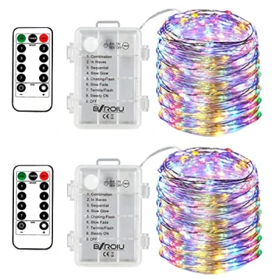 Afbeelding van BXROIU 2 x Fairy String Lights Batterij Bediend, Zilveren Draad 8 Mode Kettingen 5 Meter 50 LEDs Firefly met Afstandsbediening voor Slaapkamer Kerstfeest Bruiloft Decoratie (Multicolor1)