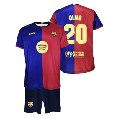 Afbeelding van Futbol Club Barcelona Olmo 20 shirt en broek, eerste uitrusting seizoen 2024/2025, officiële replica met licentie, kinderen, Blauw/Granaat