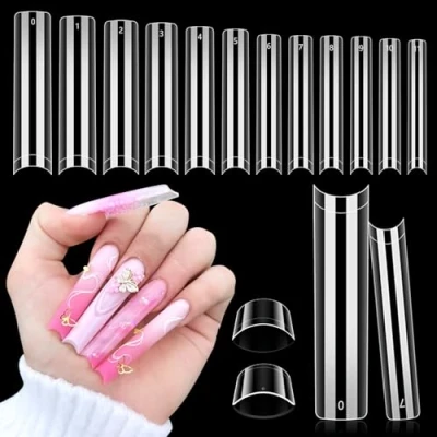 Afbeelding van 504 stuks extra lange XXL C curve nageltips, U Clear acryl 12 maten, halve cover, nepnageltips voor doe het zelf nail art (transparant)