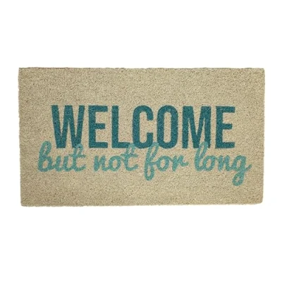 Afbeelding van Fisura Originele Not for Long kokosvezel Deurmat met antislip pvc basis. voor de ingang thuis. wit en blauw. Handbeschilderd. Afmetingen: 70 cm x 40 cm.
