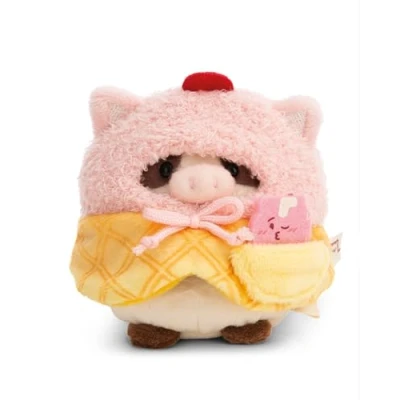 Afbeelding van Moona knuffeldier Koe 8cm met milkshake &amp; zacht ijskostuum in geschenkdoos wit pluche, schattig om te knuffelen en spelen, voor kinderen volwassenen 61655