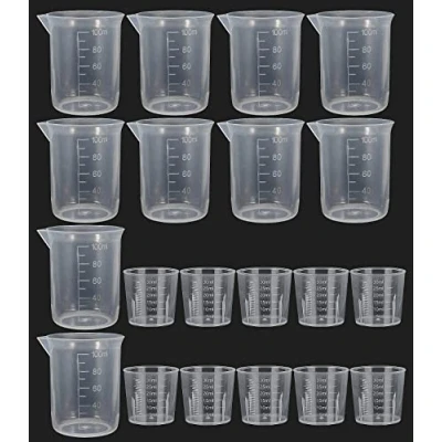 Afbeelding van Kunststof maatbeker, 20 stuks, transparant, kunststof, Labs, schaalverdeling, in bekerset, voor het mengen van verf, vlekken, epoxyhars, keuken (30 ml en 100 ml)