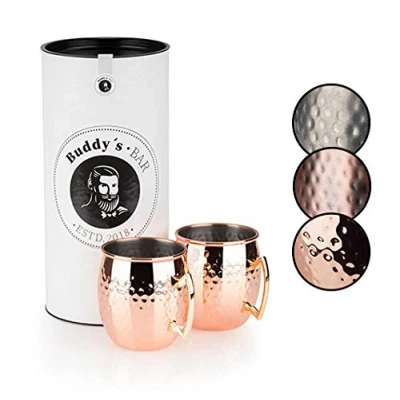 Afbeelding van Buddy&#039;s Bar Moscow Mule Cocktailmokken, roestvrij staal, geschikt voor levensmiddelen, gehamerd effect, 500 ml, met geschenkdoos, gepolijst koper, 2 stuks