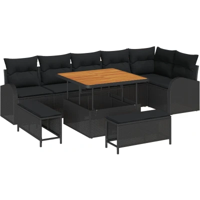 Afbeelding van vidaXL 9 delige tuinsofa set met kussens zwart poly rattan acacia