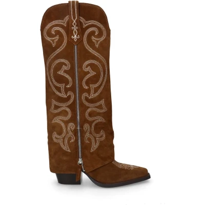 Afbeelding van Sacha Dames Taupe suède cowboylaarzen met witte sierstiksels Maat 40