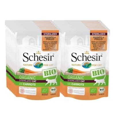 Afbeelding van 16x Schesir Kattenvoer Sterilized Bio Rund Kip Wortel 85 gr
