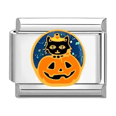 Afbeelding van Quiges Schakel Bedel 9mm charms halloween pompoen Zwarte Kat Geschikt voor Nomination armband Schakelarmband italy bedels