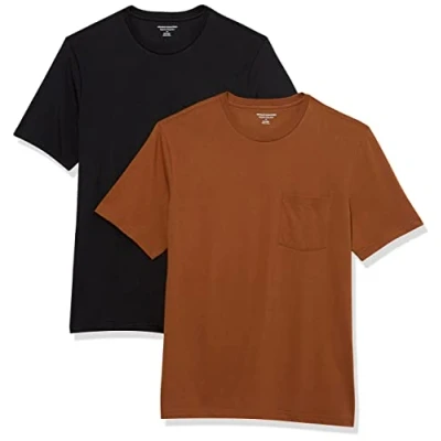 Image de Amazon Essentials Lot de 2 t shirts à manches courtes et col rond pour homme, coupe classique, noir/marron, taille XS