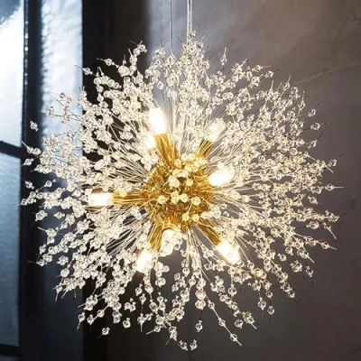 Afbeelding van Goudkleurige kristallen vuurwerk / paardenbloem kunstmatige kroonluchter voor in eetkamer, slaapkamer, keukeneiland of woonkamer, 9 lampen, 50 cm