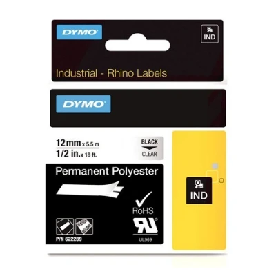 Image de DYMO Rhino Étiquettes Industrielles Polyester Permanent 12mm x 5.5m Noir sur Transparent