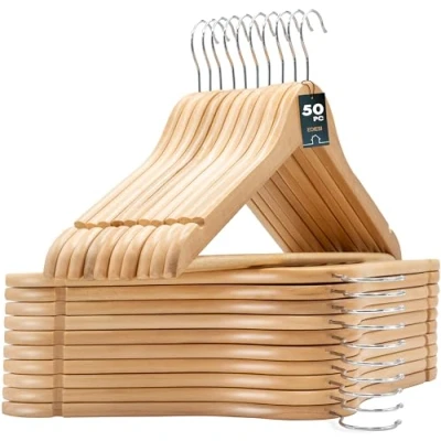 Afbeelding van edihome, Houten kleerhangers, 50 stuks, antislip stang voor broeken, met inkepingen, haak 360 graden draaibaar, pakken, overhemden, jassen (hout, stuks)
