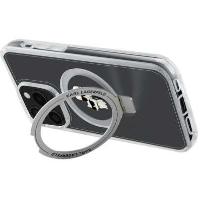 Afbeelding van Karl Lagerfeld, Magsafe Hoesje Geschikt voor Apple iPhone 15 Pro TPU Ring Standaard et Choupette, Transparant