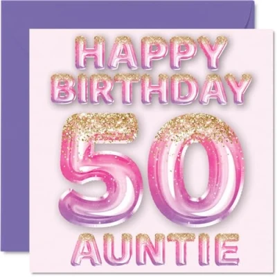 Afbeelding van Verjaardagskaart voor tante 50 jaar, roze en paarse glitterballonnen, verjaardagskaarten 50e verjaardag van neef nichtje, 145 mm x