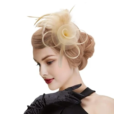 Image de DRESHOW Fascinator Chapeau avec Fleurs en Maille et Plumes Wedding Headband Pour Fête, Mariage, Cocktail Femme Fille taille unique
