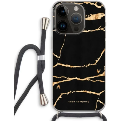 Afbeelding van Case Company® hoesje met Koord geschikt voor iPhone 14 Pro Gouden marmer Telefoonhoesje Zwart Extra Bescherming aan alle Kanten en Over de Schermrand