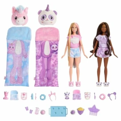 Image de Barbie Cutie Reveal Soirée Pyjama Coffret Rempli De Surprises Avec 2 Poupées Articulées Et 35+ Accessoires