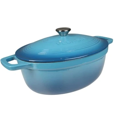 Afbeelding van Cocotte Fonte Émaillée VeoHome Bleu 6L ovale, Faitout Ultra Résistant,Marmite Compatible Induction/Gaz/Four, Cuisson Homogène, Saveurs Authentiques, Couvercle Relief