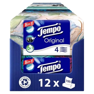 Image de Tempo Lot de 12 boîtes 100 Mouchoirs par boîte en papier extra résistants et doux, lavables machine