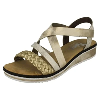 Afbeelding van Rieker Sandalen met sleehak, Dames, Maat: 36, Gold metallic combi Hoogwaardig imitatieleer
