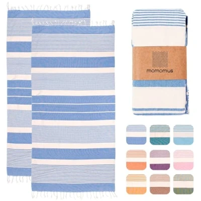 Afbeelding van MOMOMUS Set van 2 Foutas XL 100% katoen, ultrazacht, absorberend, pareo, grote strandhanddoek voor strand, sauna en zwembad, 90 x 180 cm