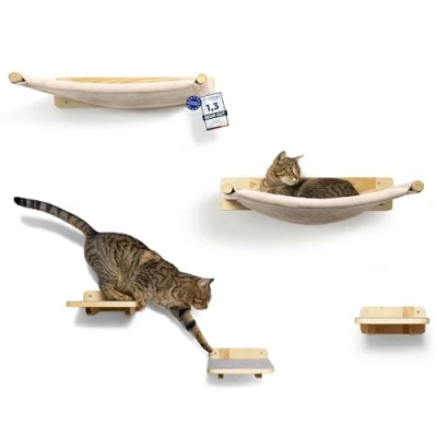 Afbeelding van WOOWOOD® Kattenklimwand incl. 2x Kattentrapwand [massief hout] I Krabpaalwand Kattenhangmat Kattenwandelementen Muurkrabpaal Kattenmeubels Kattenklimmuurset (5 stuks)