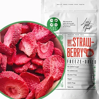 Image de Gevriesdroogde Aardbei Natural Freeze Dried Fruit Strawberry Fraises Fruits Frais Lyophilisée Gefriergetrocknete Erdbeeren Gedroogd Puur Fruitsnack ZingyZoo (90g)